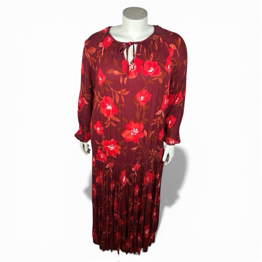 Plus Size Maxi Dress XXL Burgundy Floral Boho Romantic Prairie Cottagecore